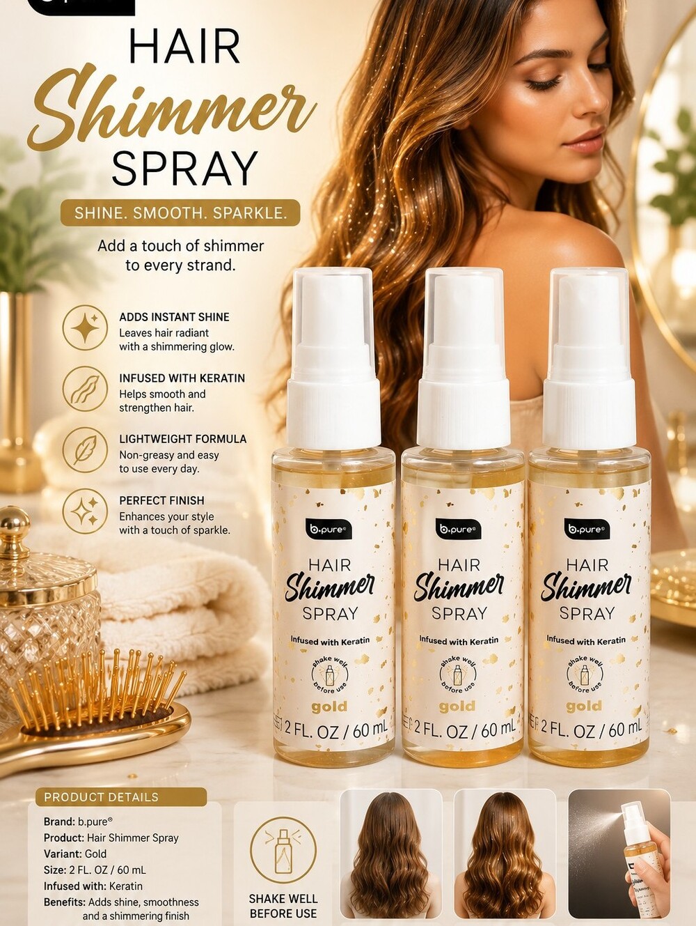 🥳GOLD HAIR SHIMMER SPRAY INFUSED WITH KERATIN BY B.PURE 3x